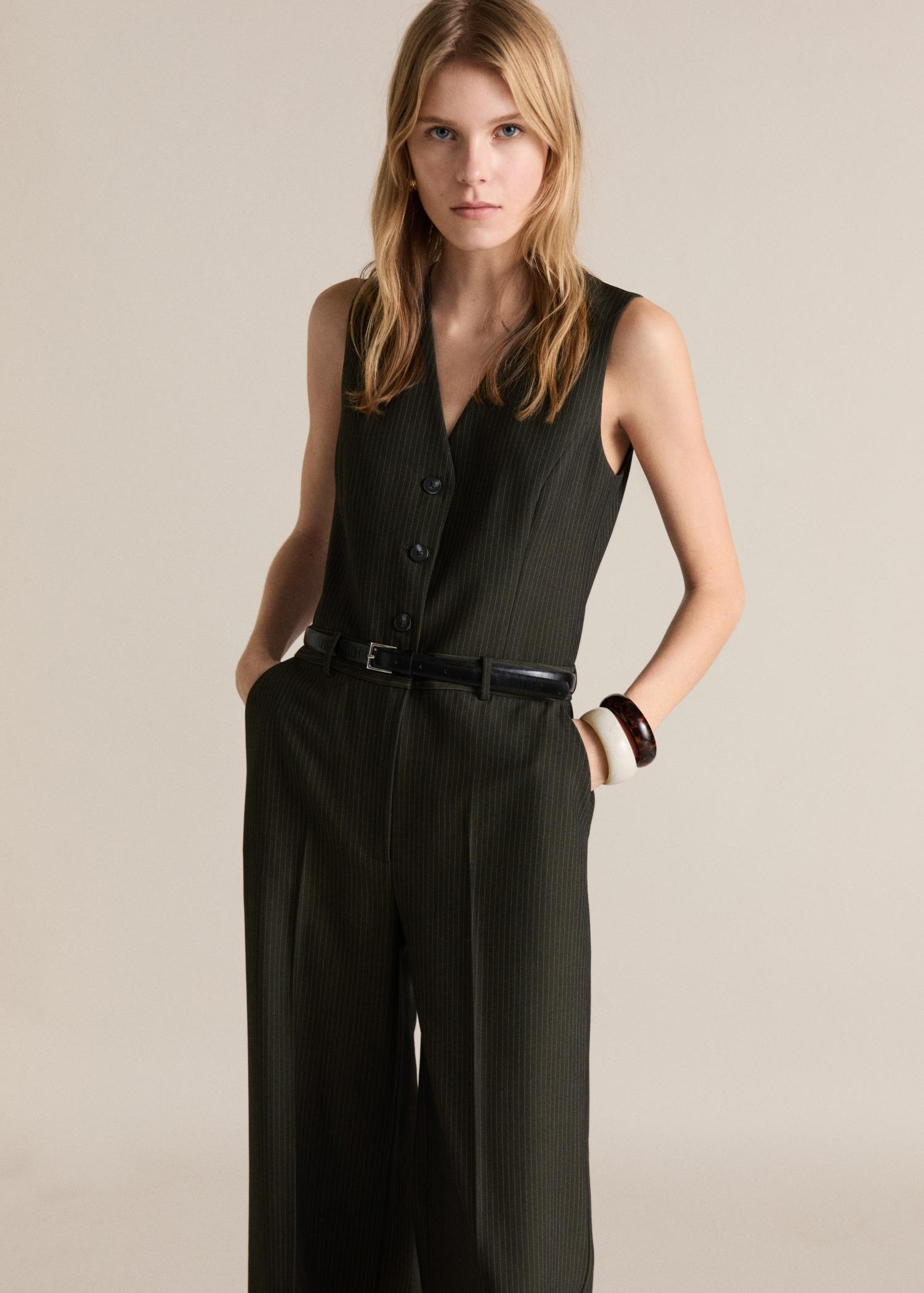 Pinstripe jumpsuit with belt - Women | MANGO USA Product Image