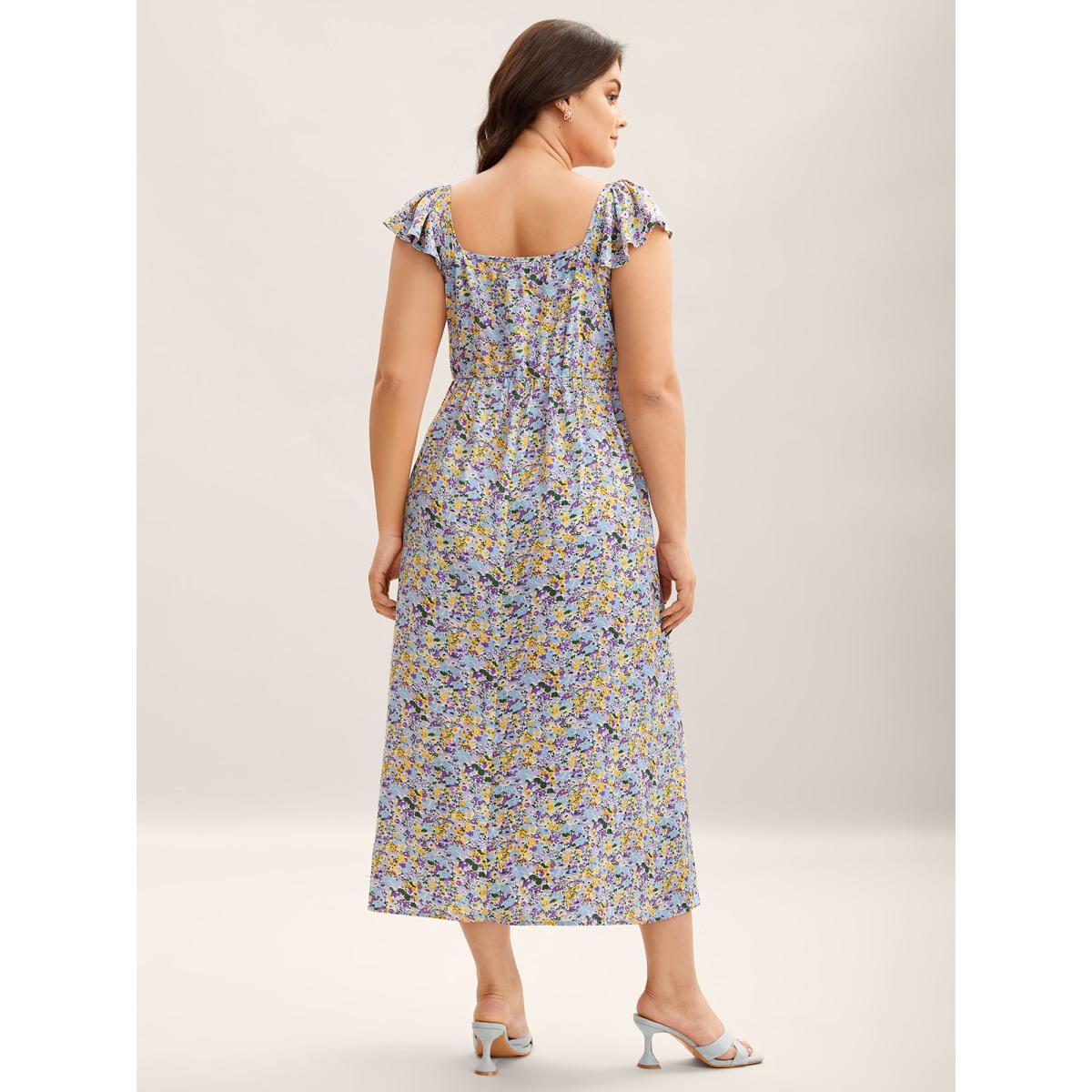 Plus Size Ditsy Floral Print Neck Tie Midi Dress Lilac Women Timeless Heart neckline Cap Sleeve Curvy BloomChic 26/4X Product Image