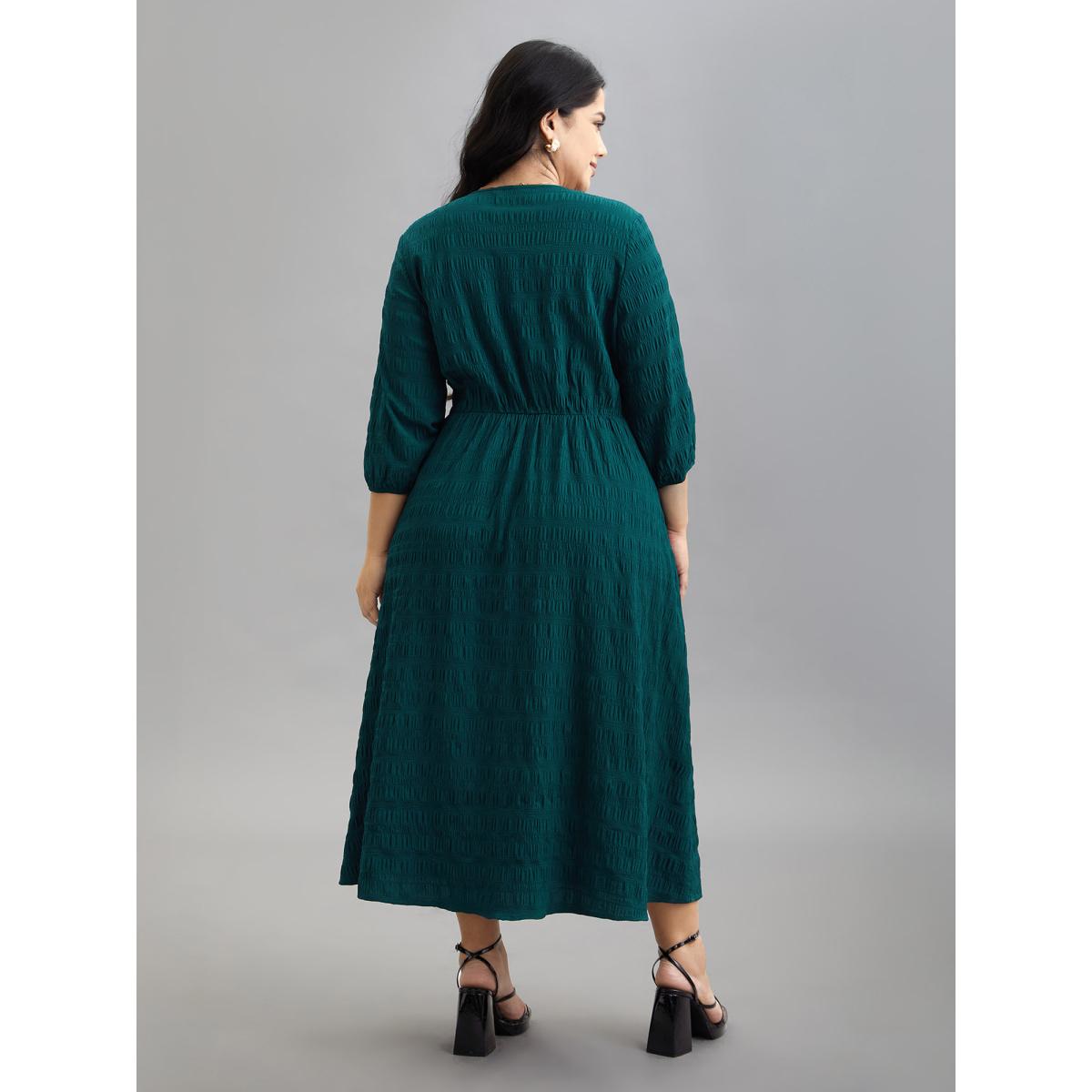 Plus Size Textured Waist-Defined Button Midi Dress Emerald Women Elegant Texture V-neck Elbow-length sleeve Curvy BloomChic 18-20/2X Product Image