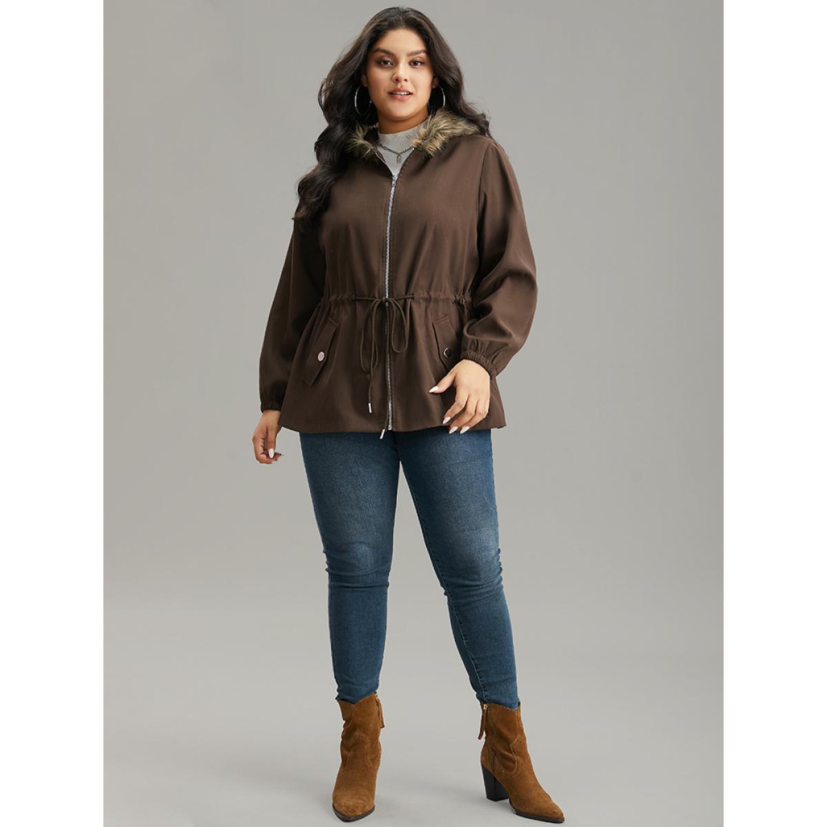 Plus Size Fuzzy Trim Patchwork Zipper Drawstring Buckle Detail Jacket Women DarkBrown Elastic cuffs Pocket Dailywear Jackets BloomChic 14-16/1X Product Image