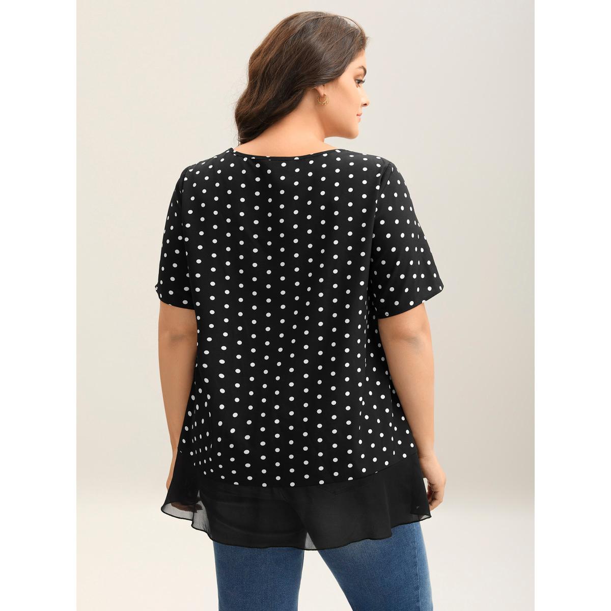 Plus Size Black Polka Dots Spliced Ruffled Hem Shirt Women Short sleeve Round Neck Everyday-Elegant Blouses BloomChic 26/4X Product Image