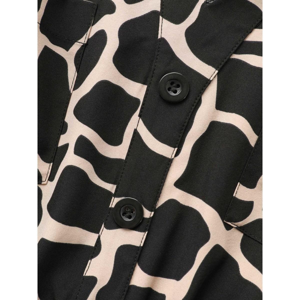 Plus Size Geometric Notched Patched Pocket Belted Dress Tan Women At the Office Belted Flat collar with V-notch Short sleeve Curvy BloomChic 28/5X Product Image