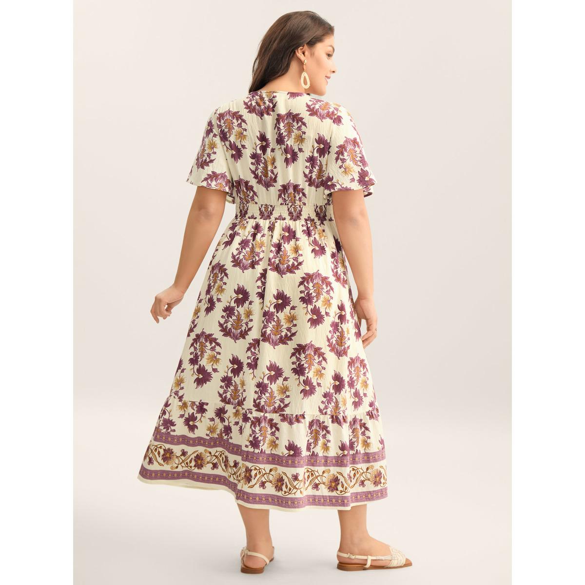 Plus Size Rayon Floral Print Stretchy Waist Midi Dress Deeppurplered Women V-neck Short sleeve Curvy BloomChic 12/L Product Image