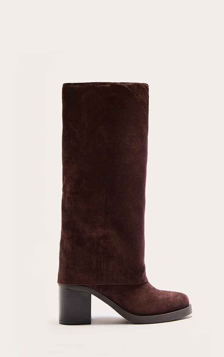 Chocolate Faux Suede Round Toe Fold Over Low Block Heel Boots Product Image