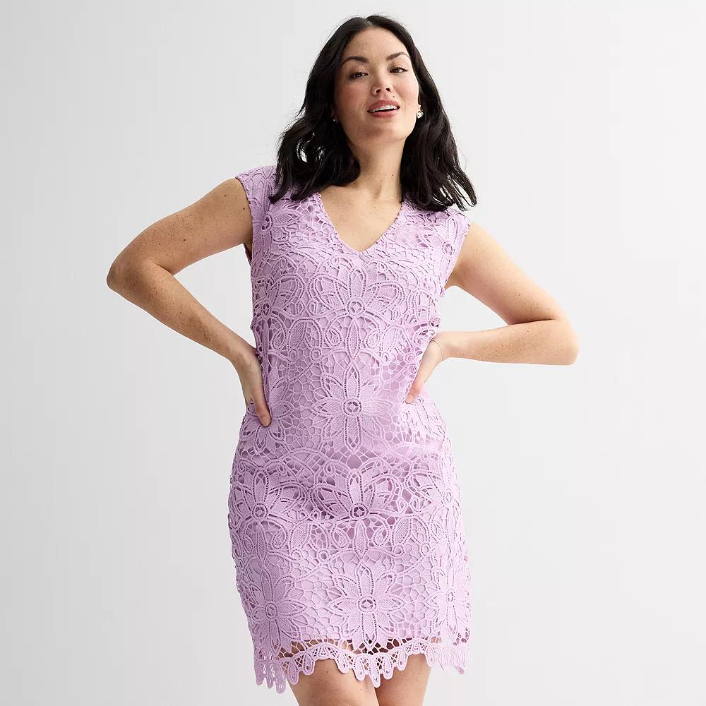 Womens London Times Lace Extended Shoulder V-Neck Shift Dress Purple Product Image
