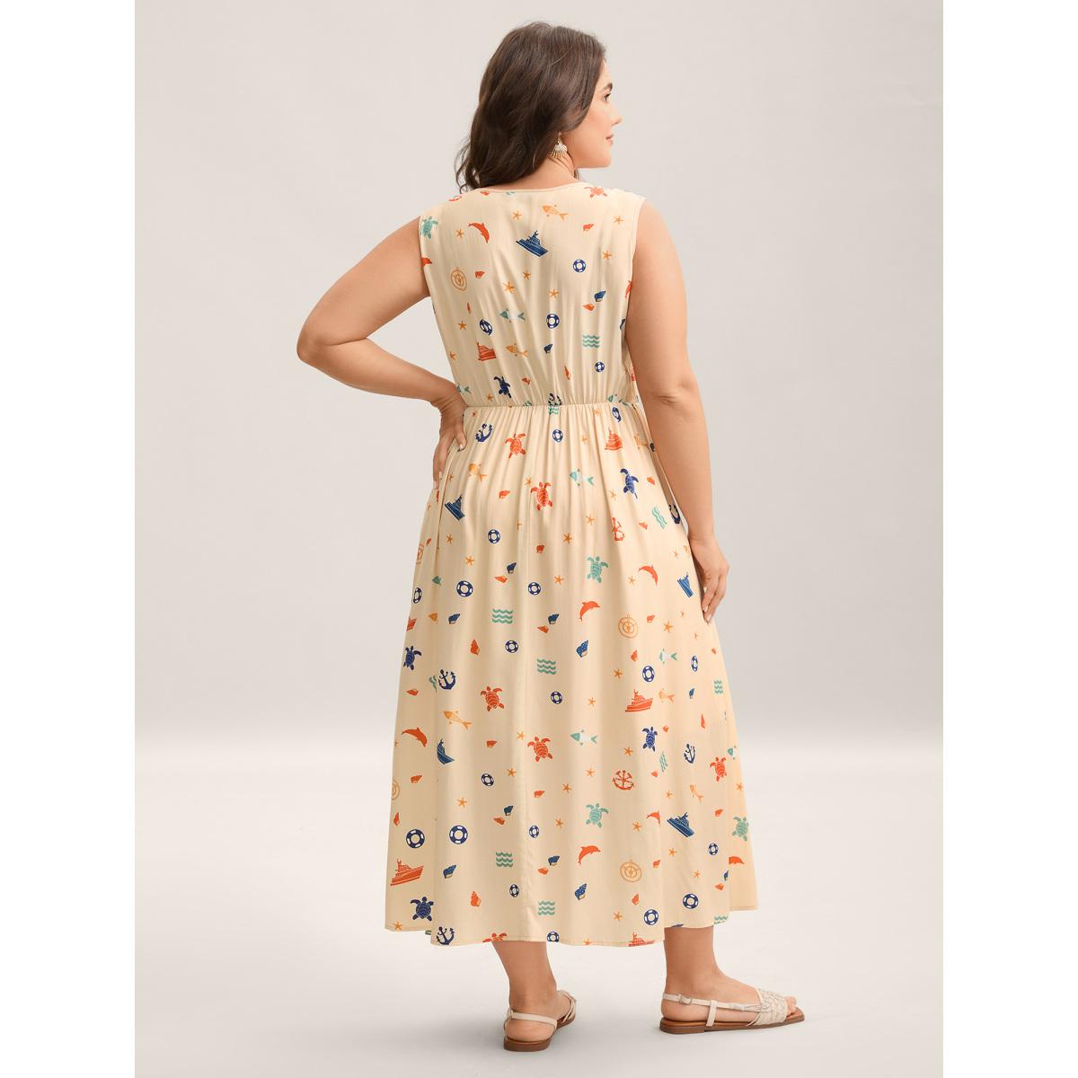Plus Size Rayon Ocean Print Cinched Waist Midi Dress Tan Women V-neck Sleeveless Curvy BloomChic 26/4X Product Image