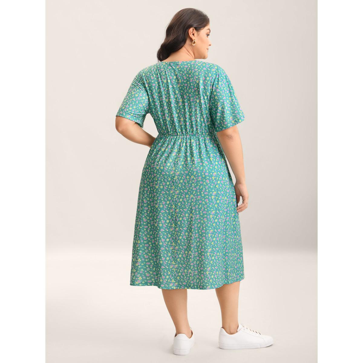 Plus Size Floral Print Surplice Neck Midi Dress Mint Women Overlap Collar Short sleeve Curvy BloomChic 22-24/3X Product Image