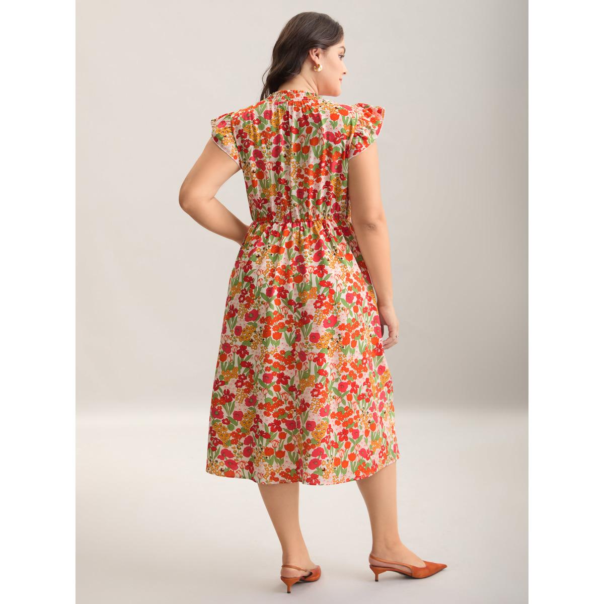 Plus Size Floral Print Shirred Pockets Midi Dress Salmon Women Romantic Frill Trim Mock Neck Cap Sleeve Curvy BloomChic 18-20/2X Product Image