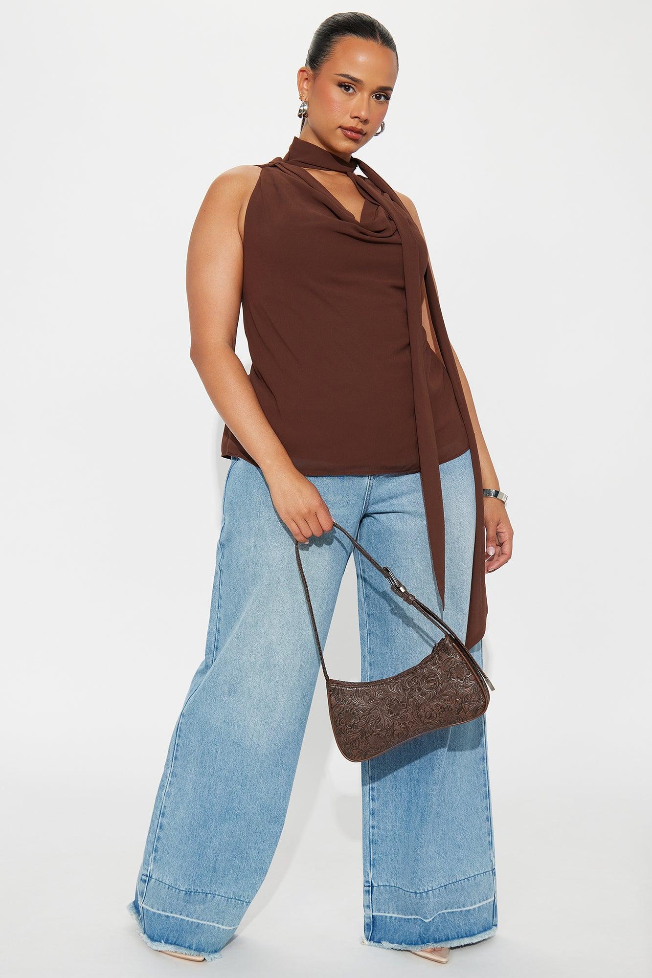 Walked Right Past You Chiffon Neck Tie Top - Chocolate Female Product Image