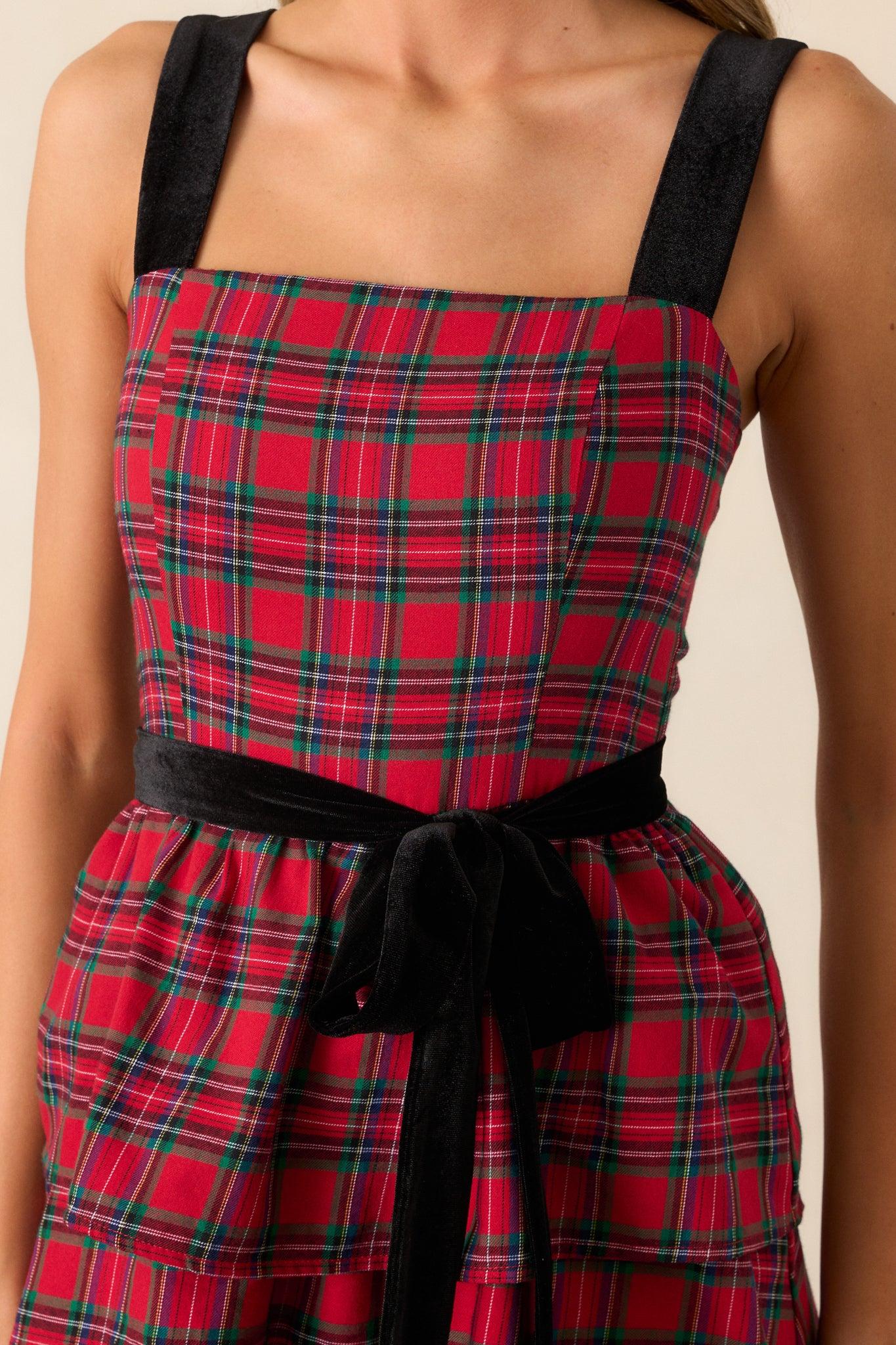 Elegance Defined Cotton Red Plaid Tiered Midi Dress Product Image