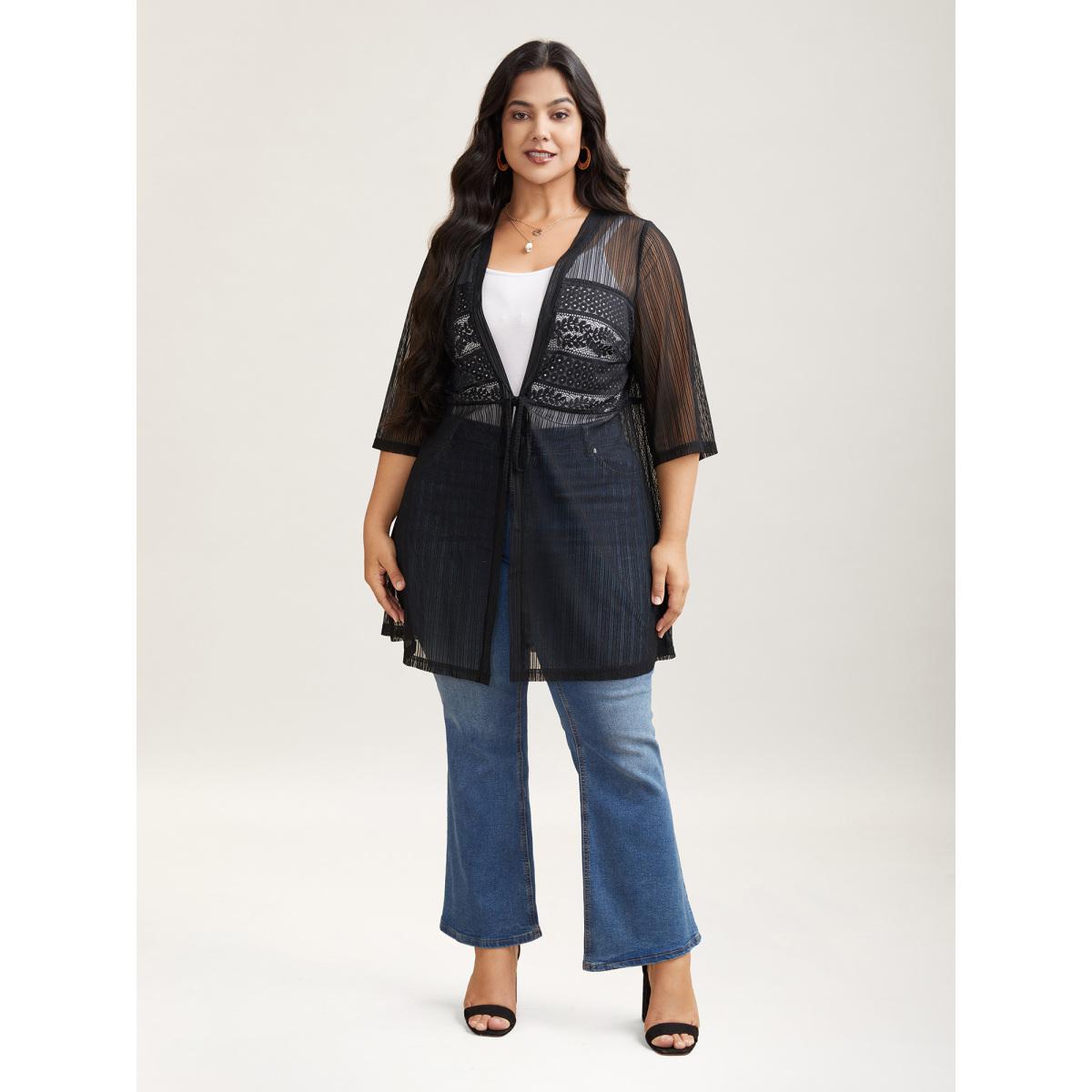 Plus Size Sheer Lace Detail Tied Kimono Cardigan Women Black Resort Tie knot Vacation Kimonos BloomChic 22-24/3X Product Image
