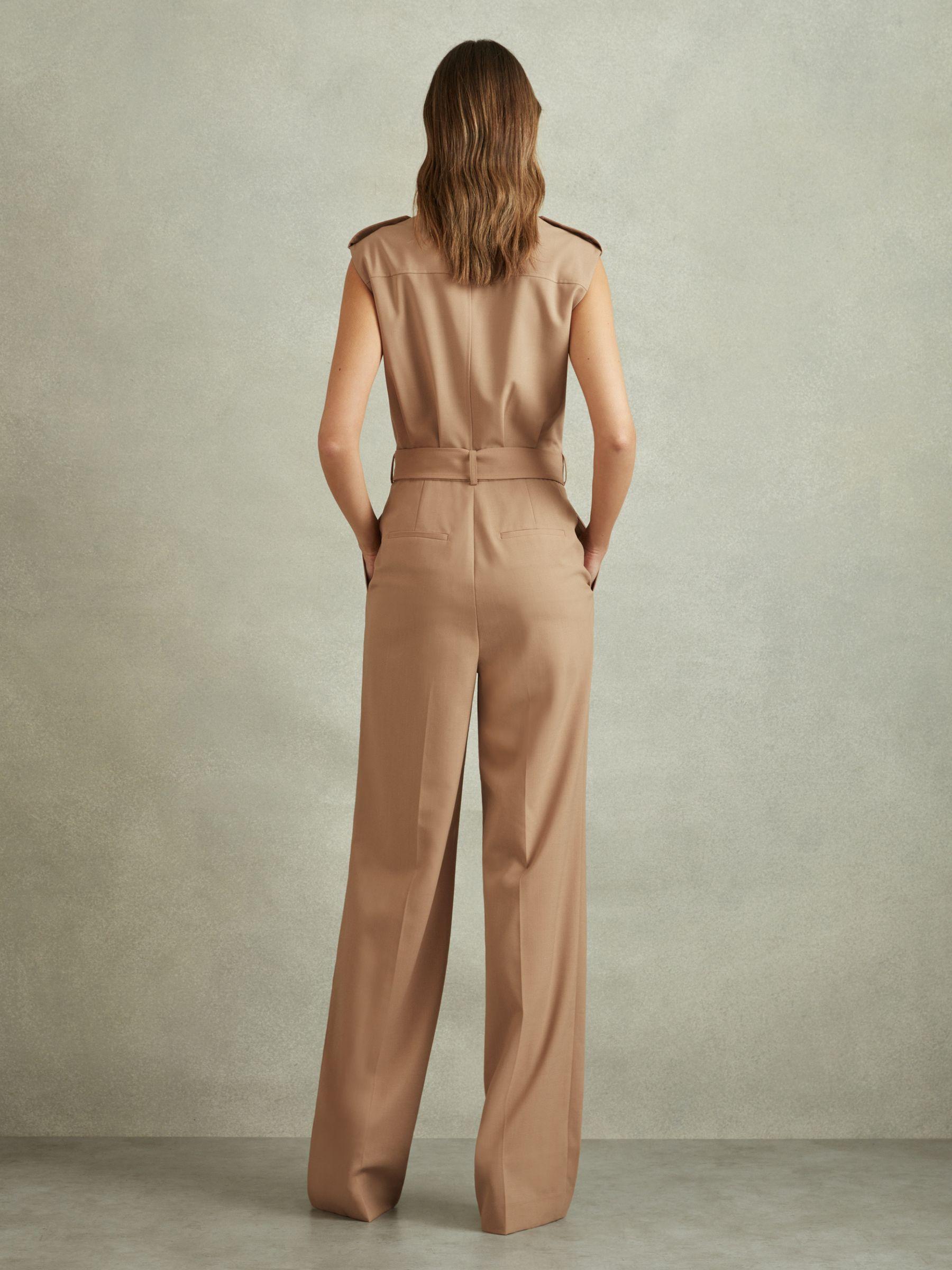 Wool Blend Double Breasted Belted Jumpsuit in Stone Product Image