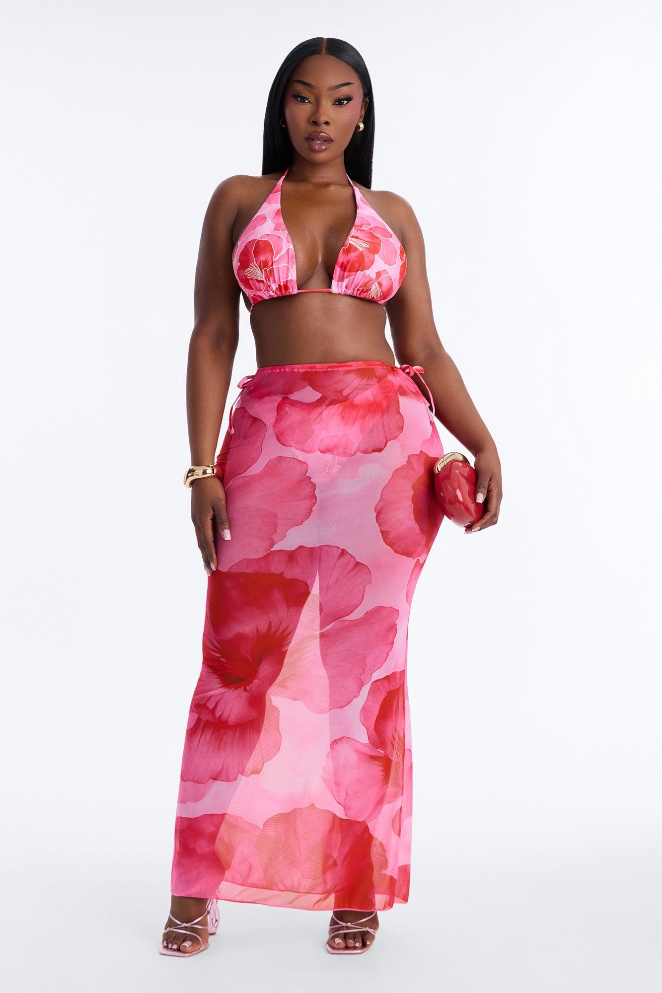 Paradise In Bloom Floral 3 Piece Bikini & Skirt Sunsuit - Pink/combo Female Product Image