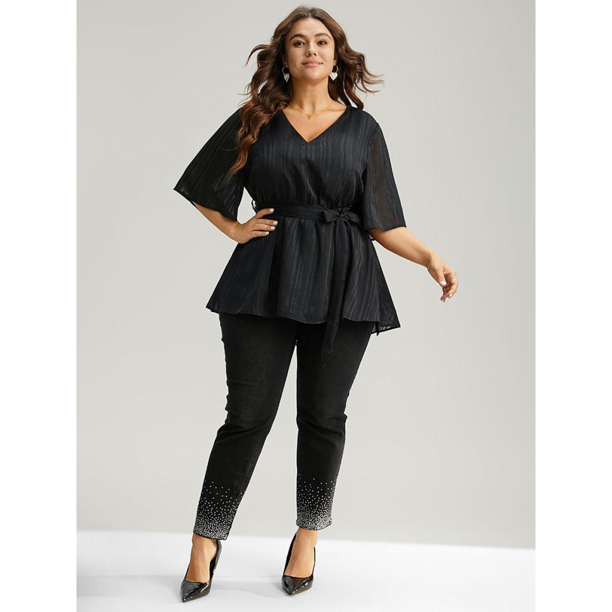 Plus Size Black Solid Chiffon Belted High Low Hem Blouse Women Elegant Half Sleeve V-neck Everyday Blouses BloomChic 18-20/2X Product Image