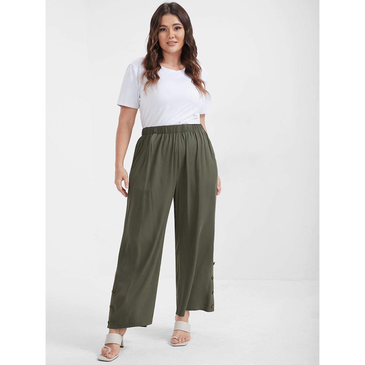 Plus Size Solid Button Elastic Waist Pocket Loose Pants Women ArmyGreen Elegant High Rise Dailywear Pants BloomChic 18-20/2X Product Image