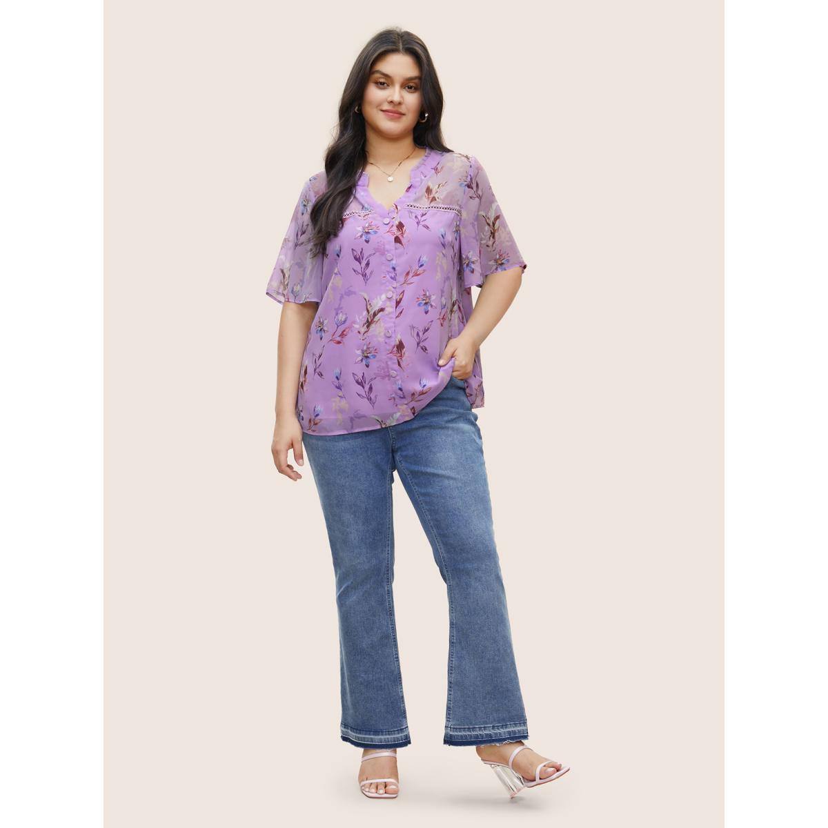Plus Size Purple Plants Guipure Lace Button Detail Mesh Blouse Women Elegant Short sleeve V-neck Everyday Blouses BloomChic 22-24/3X Product Image