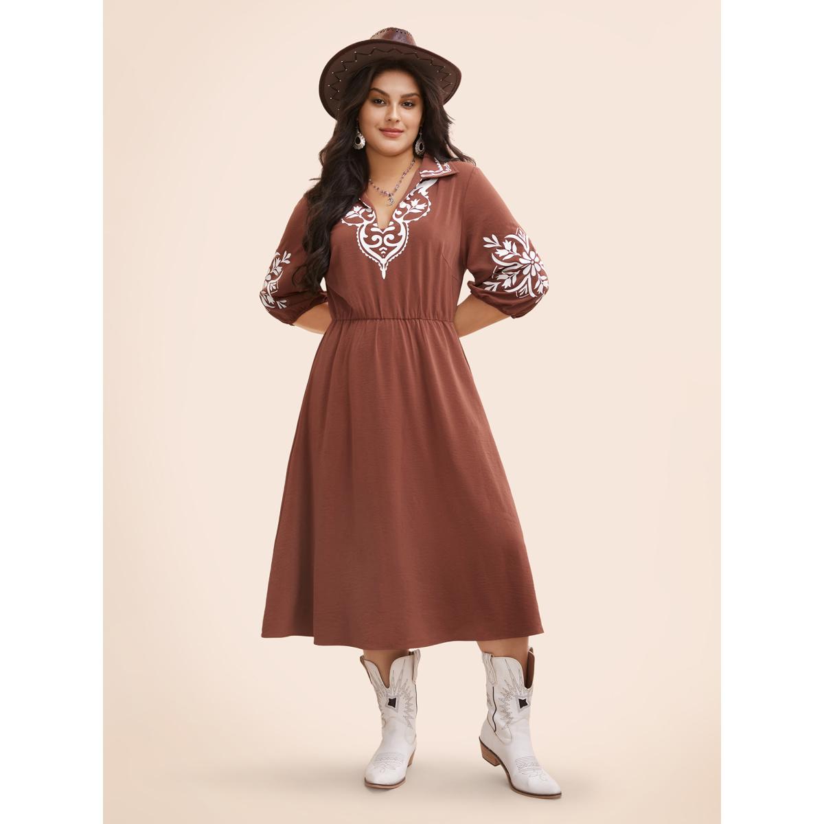 Plus Size Precision Printing Waist-Cinching Midi Dress Rust Women Resort Contrast Lapel Collar Elbow-length sleeve Curvy BloomChic 22-24/3X Product Image