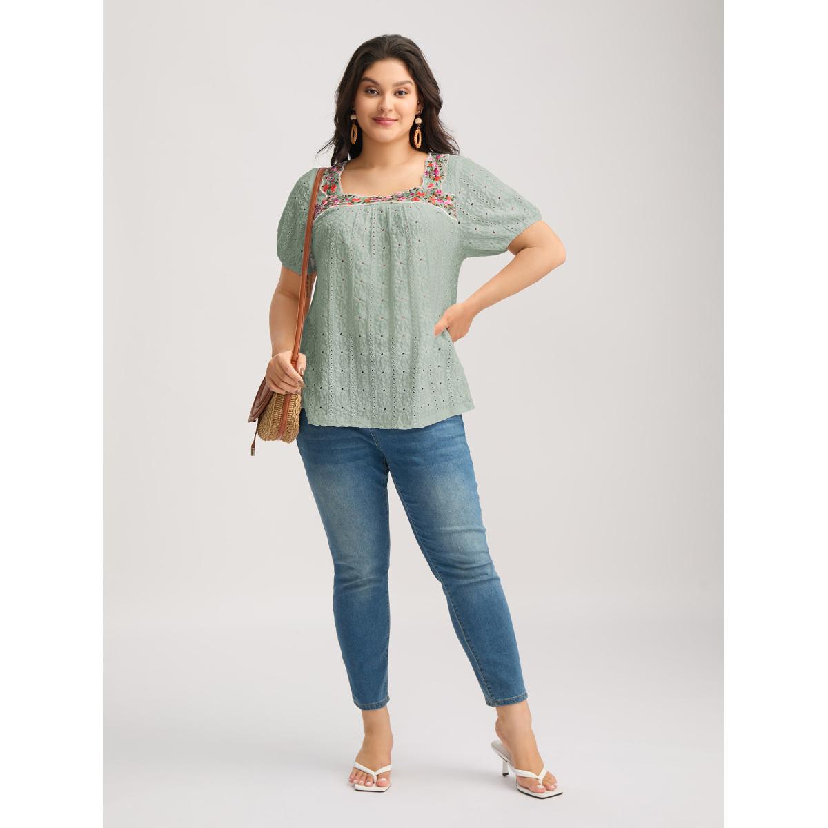 Plus Size Eyelet Trim Floral Embroidered Solid T-Shirt Mint Women Romantic Woven ribbon&lace trim Square Neck Elegant T-shirts BloomChic 14-16/1X Product Image