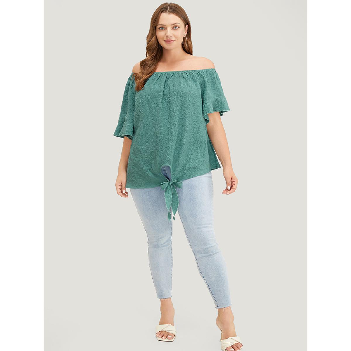 Plus Size Teal Solid Cut Out Knotted Hem Ruffle Sleeve One Shoulder Blouse Women Elegant Short sleeve One Shoulder Dailywear Blouses BloomChic 22-24/3X Product Image