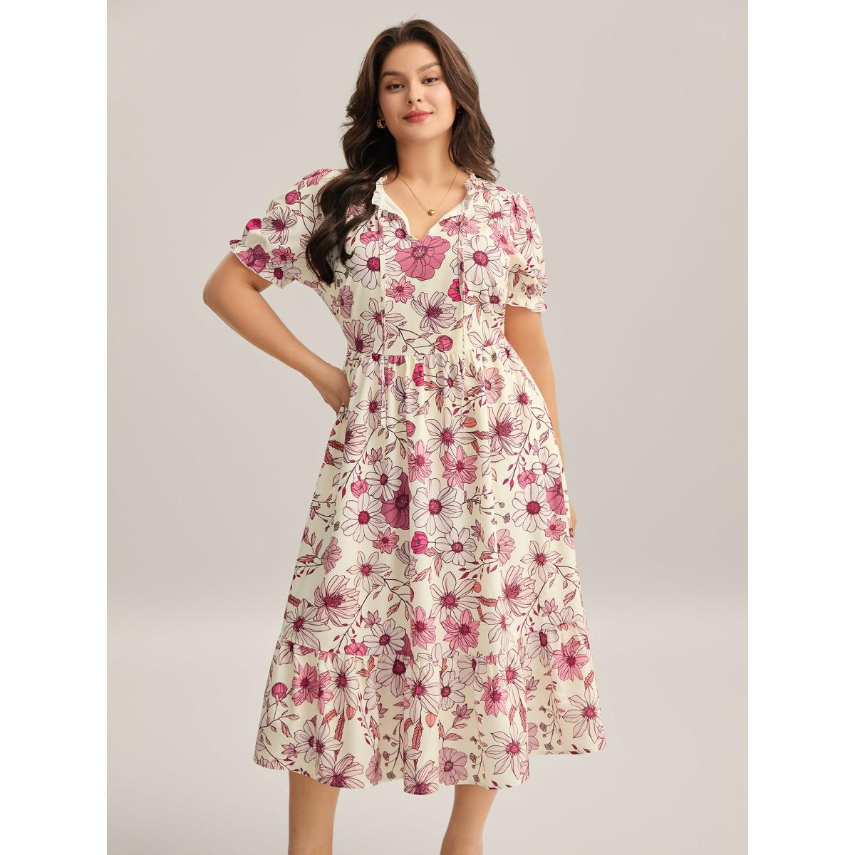 Plus Size Floral Print Neck Tie Tiered Maxi Dress Blush Women Timeless Flat collar with V-notch Short sleeve Curvy BloomChic 12/L Product Image