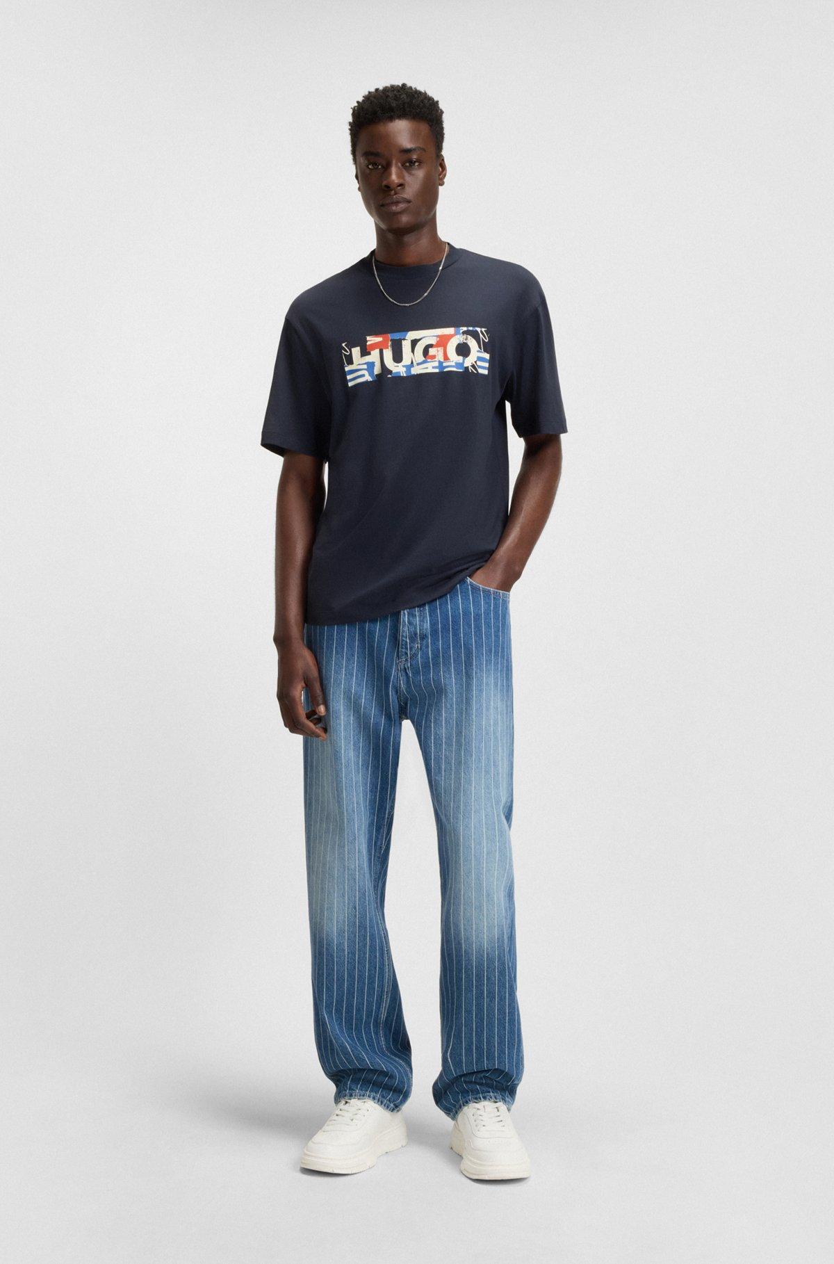 HUGO - Stretch-cotton T-shirt with graphic logo print - Dark Blue Product Image