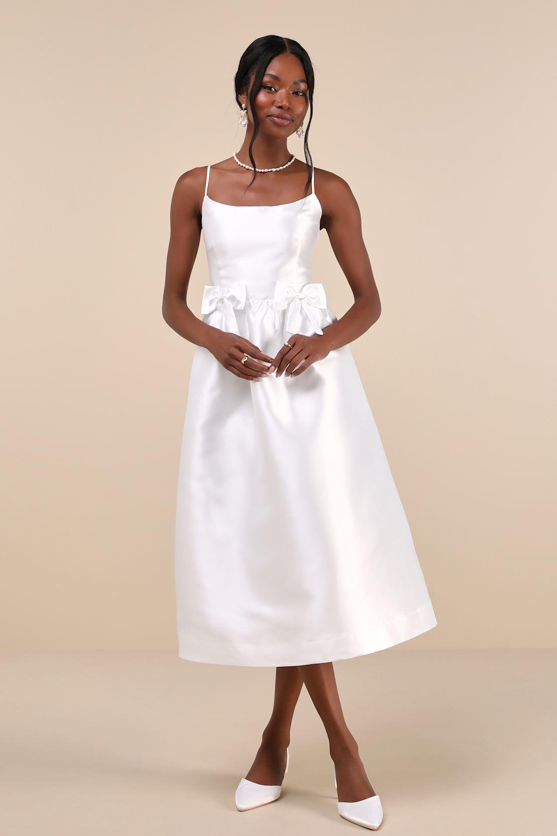 Classy Aesthetic White Taffeta Bow Midi Dress With Pockets Product Image
