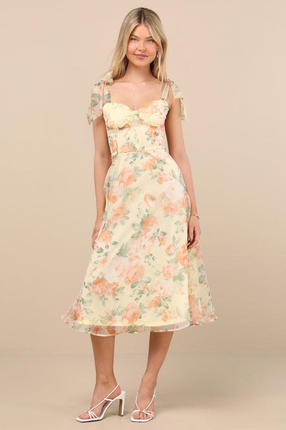 Olesya Light Yellow Floral Tie-Strap Midi Dress Product Image