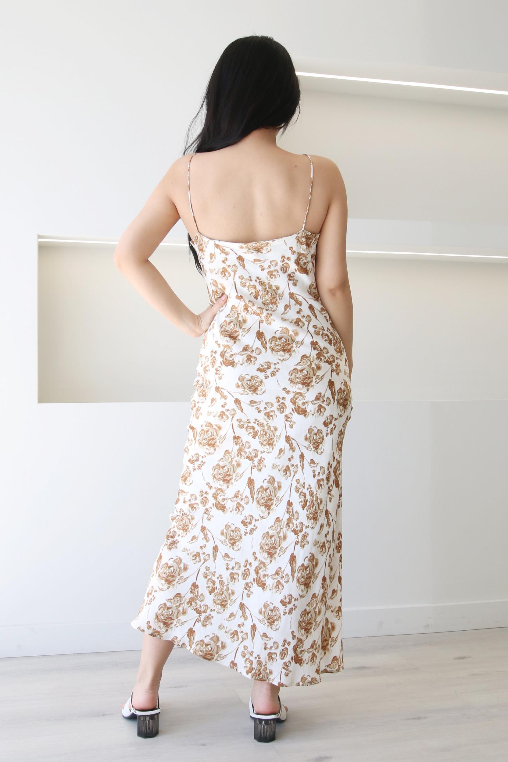 White Brown Rose Print Slip Midi Dress Product Image