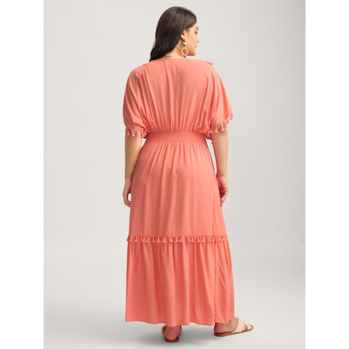 Plus Size Shirred Waist Tassels Tiered Solid Maxi Dress Coral Women V-neck Sleeveless Curvy BloomChic 12/L Product Image