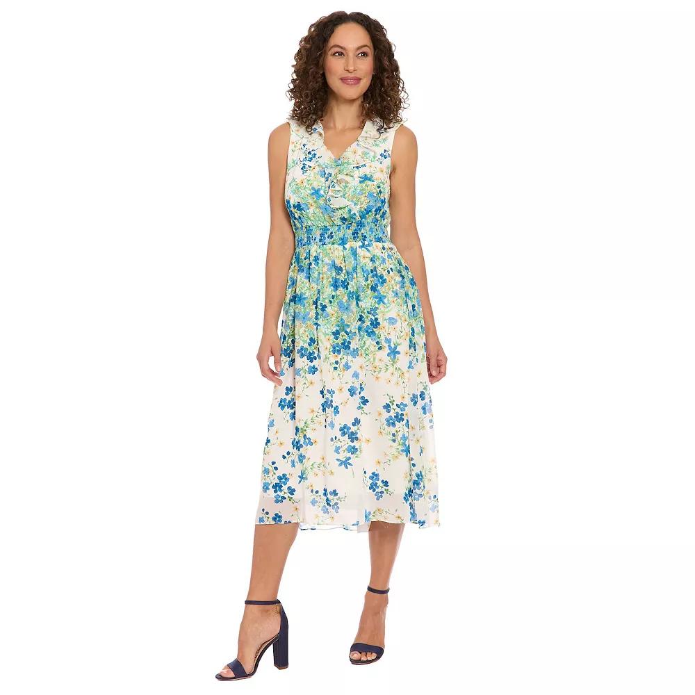 Women's London Times V-Neck Smocked Waist Midi Dress, Size: Small, White Blue Product Image