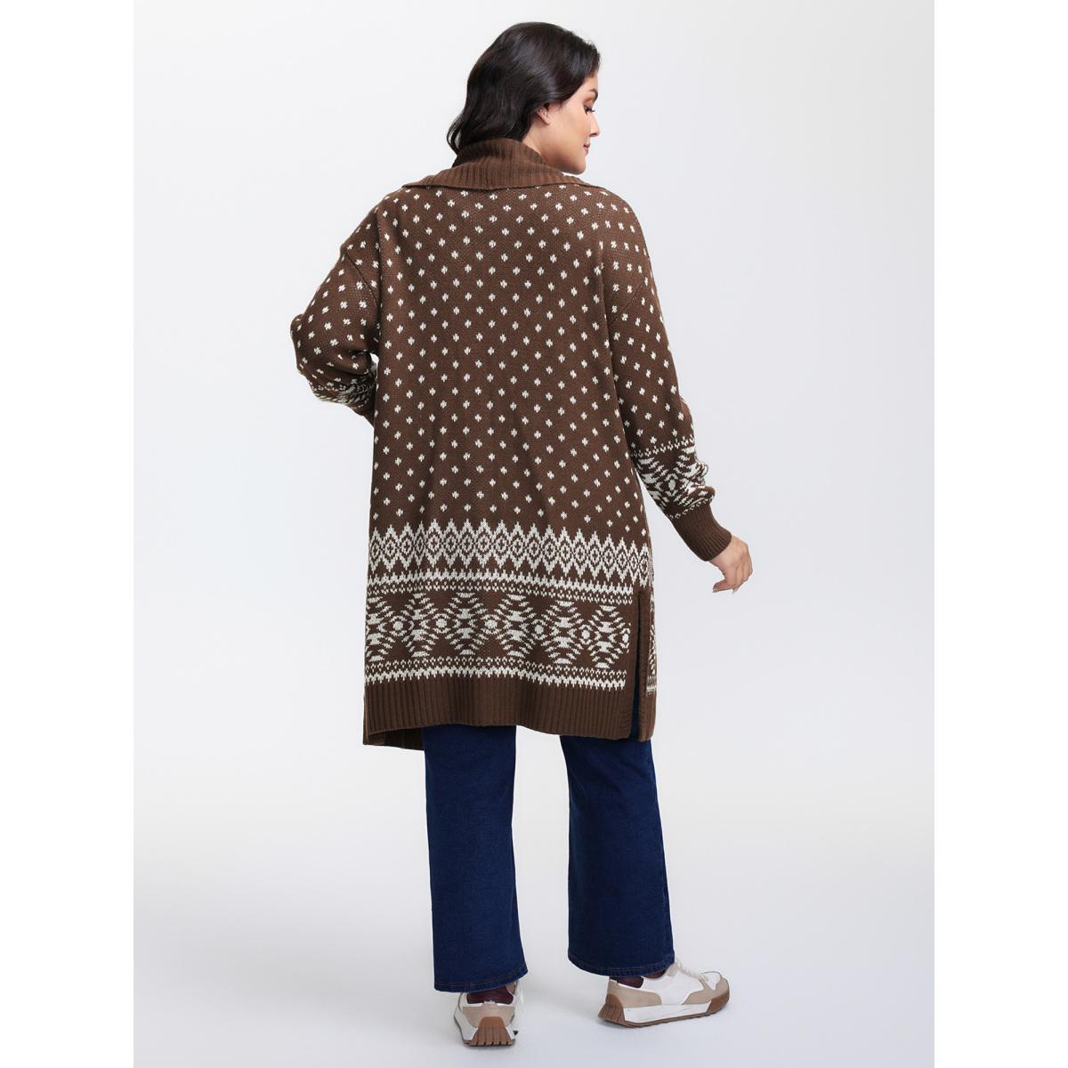 Plus Size Polka Dots Kimono Collar Knit Cardigan Browncoffeecolor Women Leisure Loose Long Sleeve Casual Cardigans BloomChic 14-16/1X Product Image