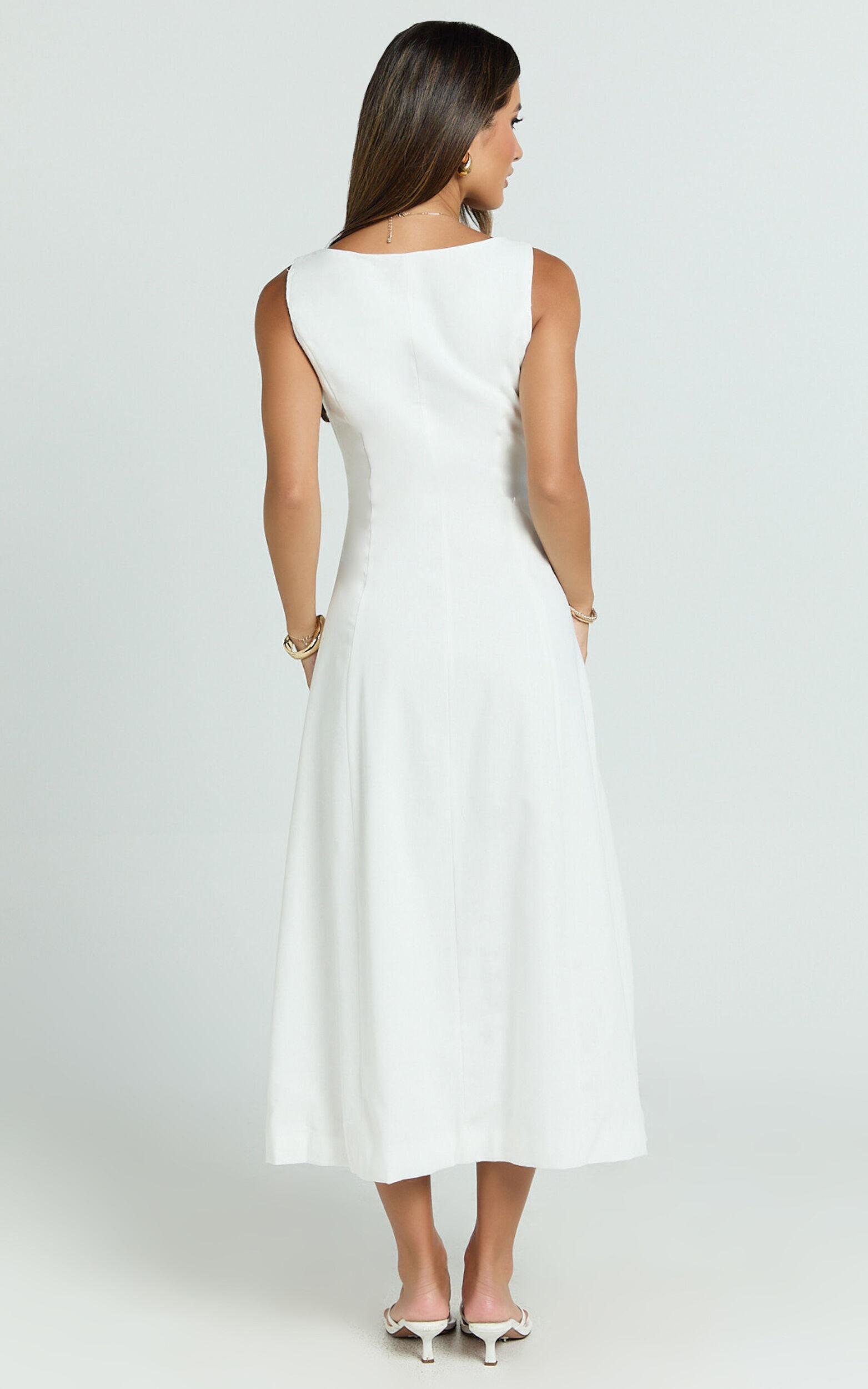 Zula Midi Dress - V Neck Sleeveless Under Bust Seam Circular Skirt Dress in White Product Image