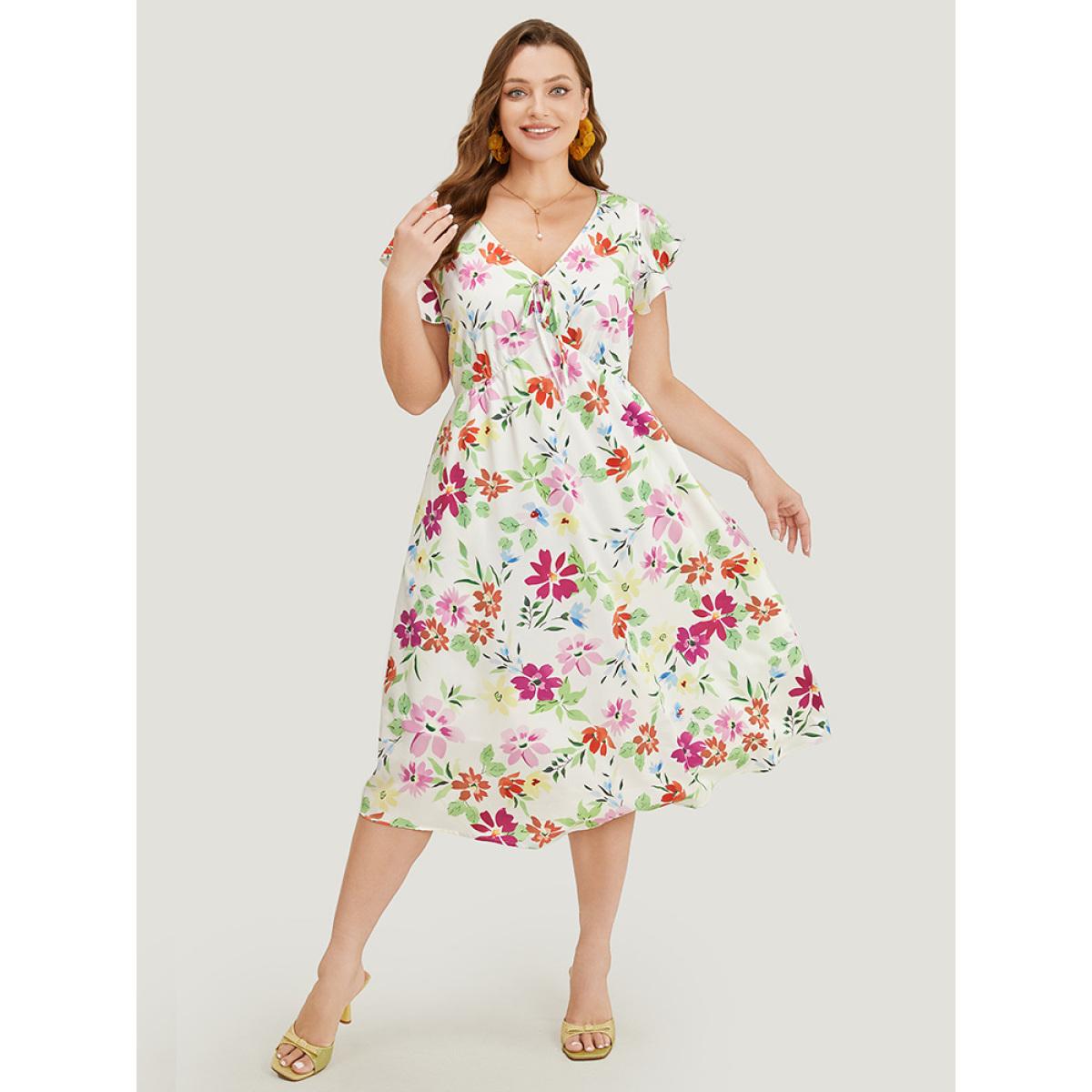 Plus Size Floral Knot Neck Pocket Cap Sleeve Ruffle Trim Dress Multicolor Women Elegant Knotted V-neck Cap Sleeve Curvy Midi Dress BloomChic 30/6X Product Image