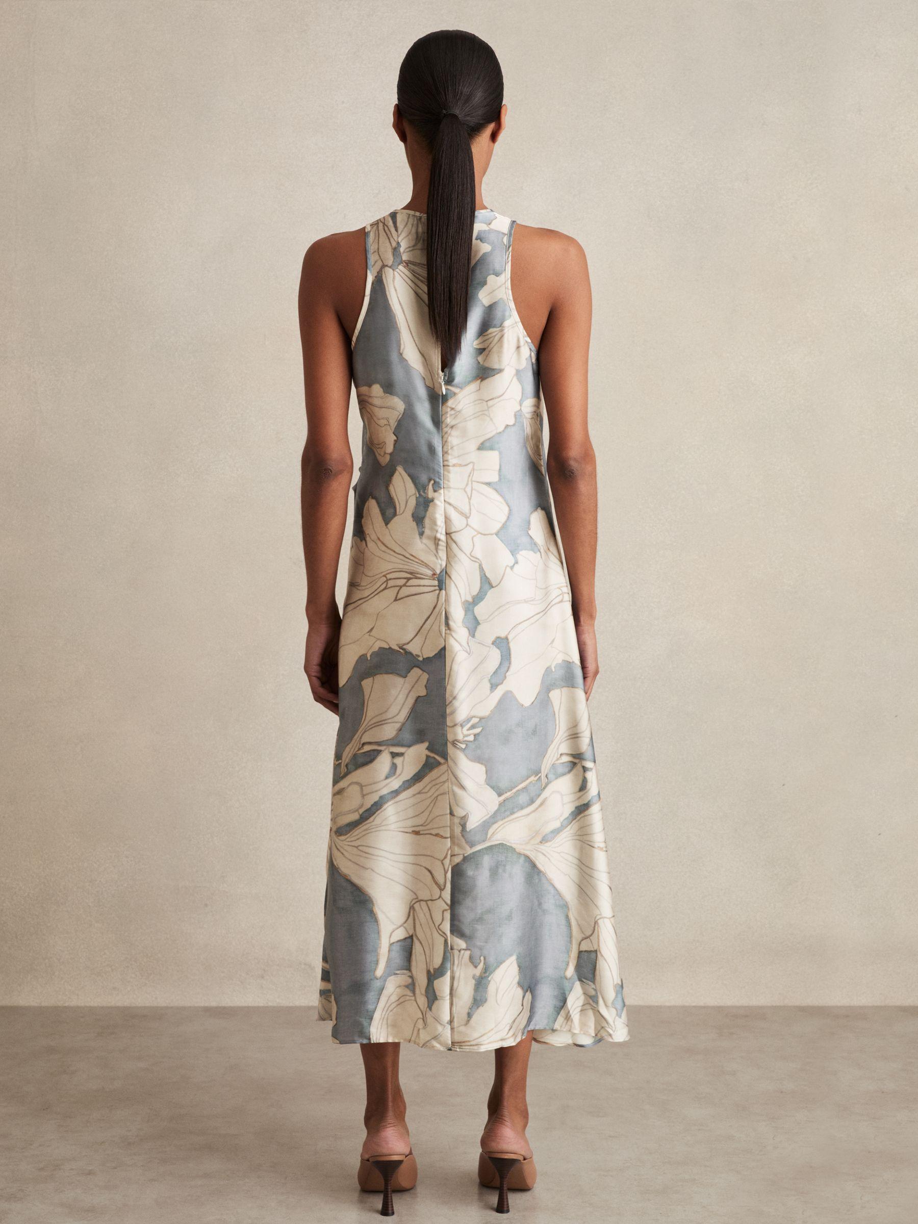 Satin Floral Drape Midi Dress in Blue Product Image