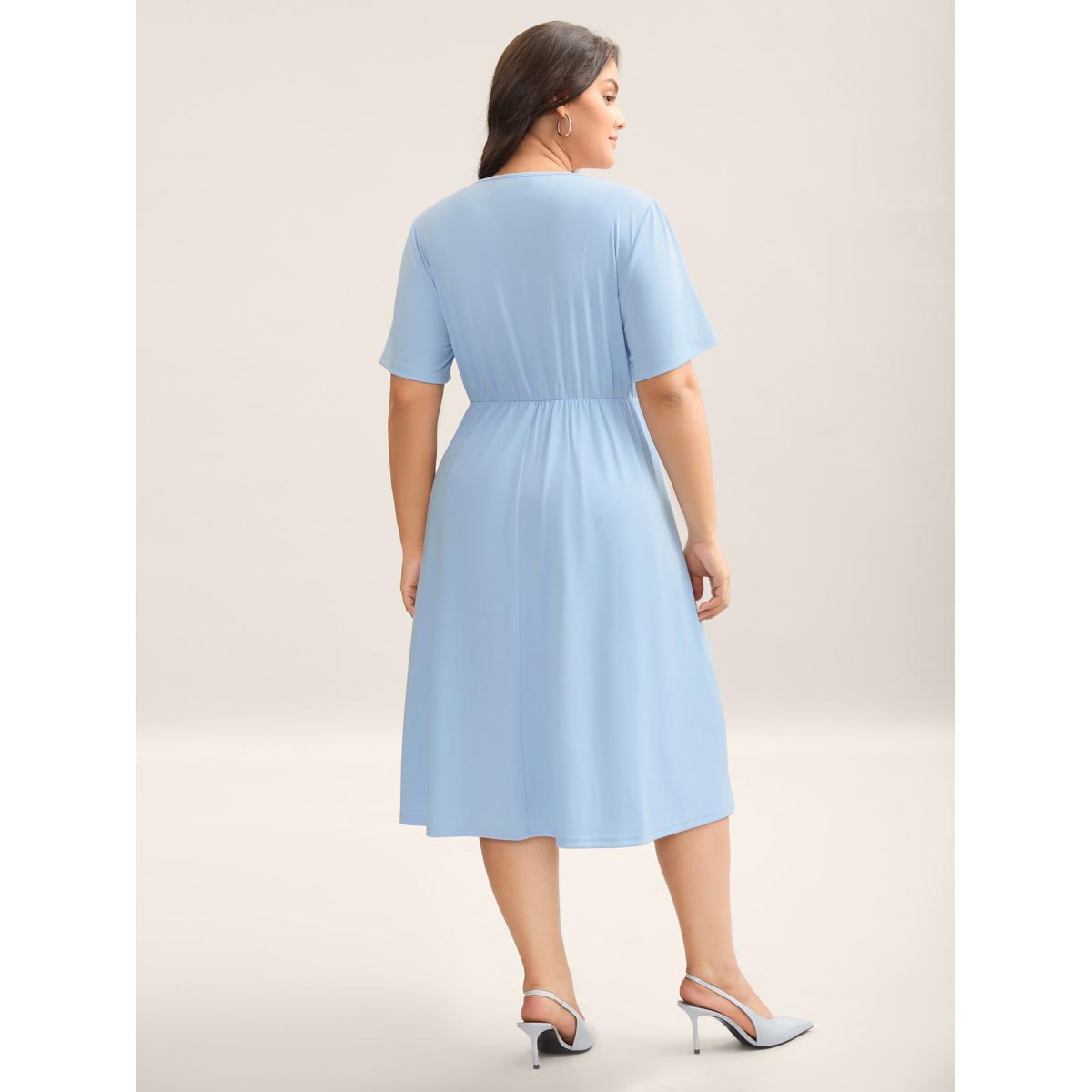 Plus Size Zipper Stretchy Cinched-Waist Pockets Midi Dress LightBlue Women Round Neck Short sleeve Curvy BloomChic 22-24/3X Product Image