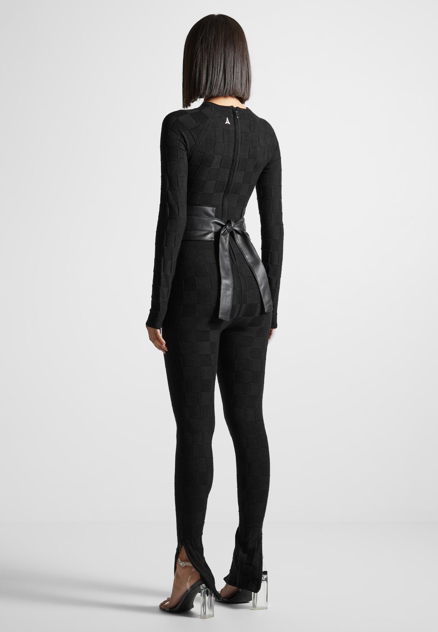 Chequerboard Knit Jumpsuit with Belt - Black Female Product Image