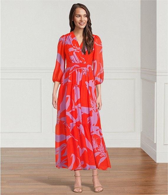 Taylor Chiffon Floral Print V Neck 3/4 Sleeve A-Line Maxi Dress Product Image