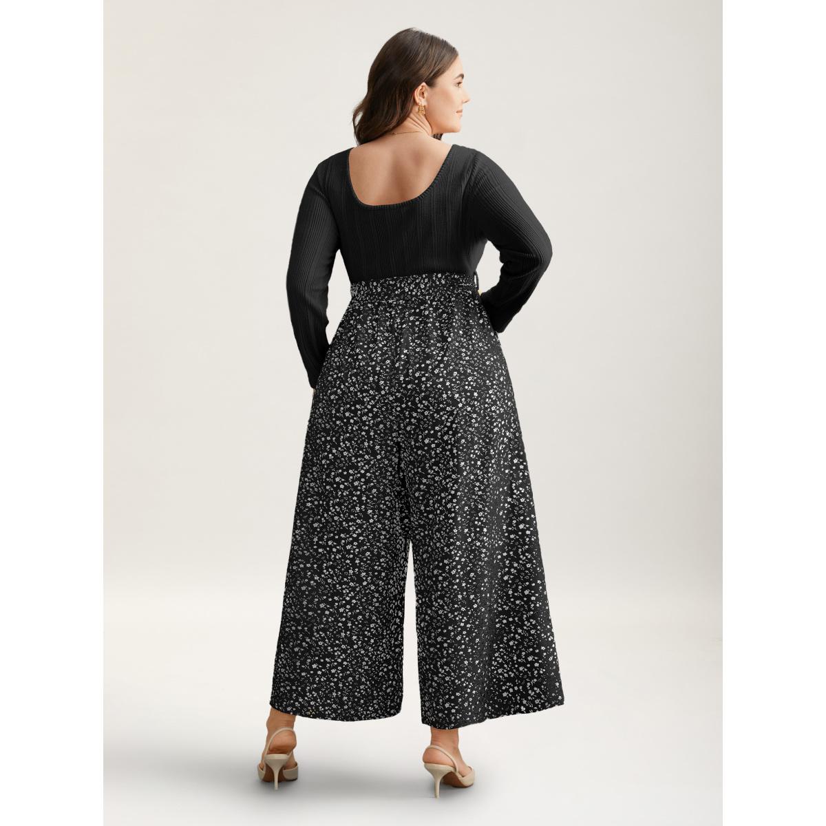 Plus Size Black Textured Square Neck Belted Floral Jumpsuit Women Elegant Long Sleeve Square Neck Everyday Loose Jumpsuits BloomChic 10/M Product Image