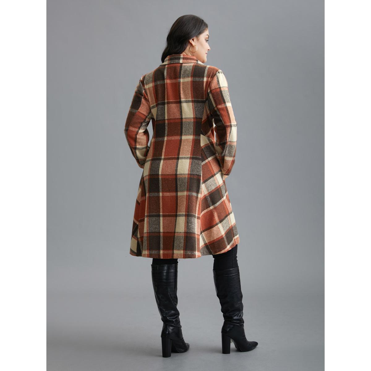 Plus Size Plaid Lapel Collar Waist Button Coat Women Yellowishbrown Elegant Button Ladies Everyday Winter Coats BloomChic 10/M Product Image