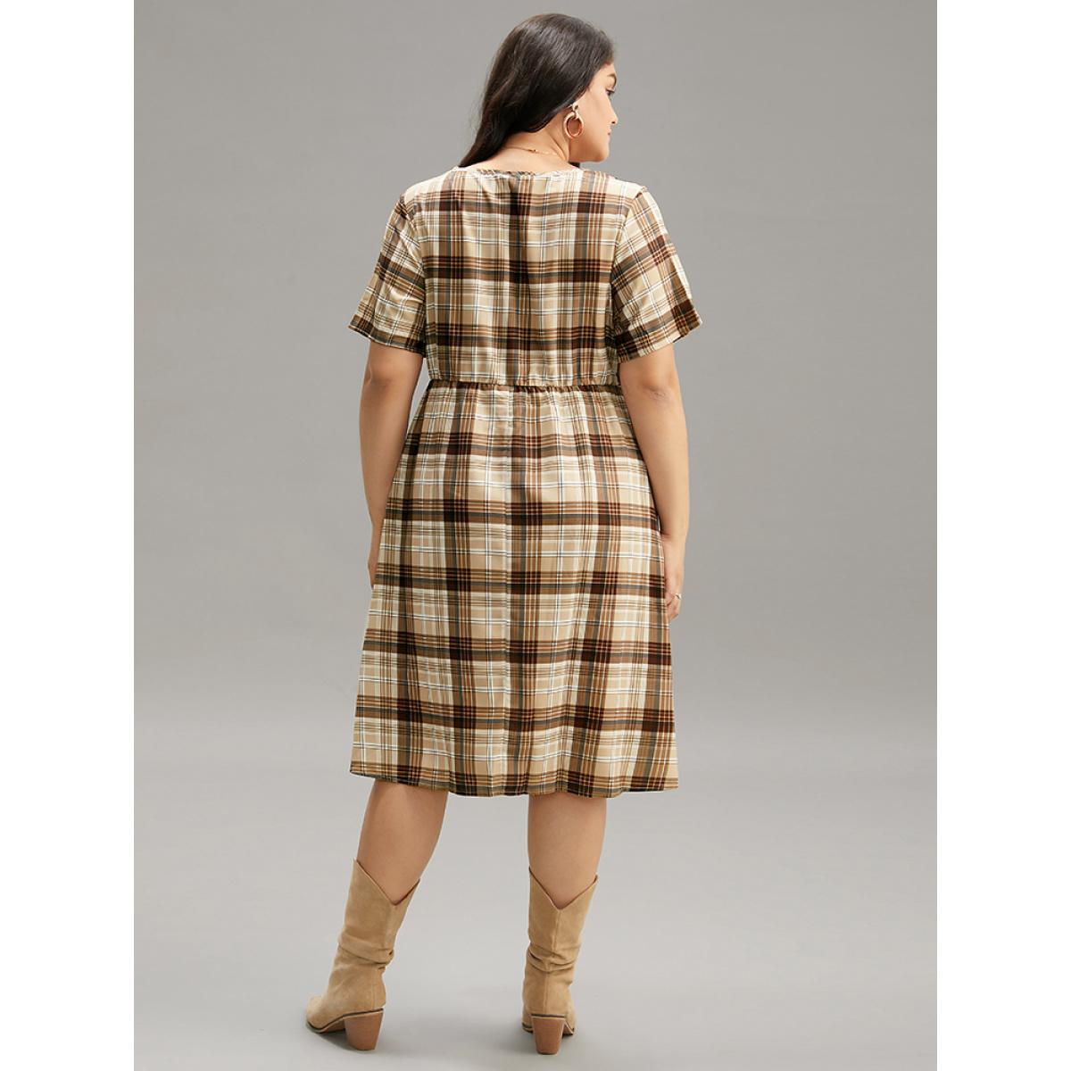Plus Size Plaid Pocket V Neck Button Detail Dress Tan Women Casual Button V-neck Short sleeve Curvy Midi Dress BloomChic 14-16/1X Product Image
