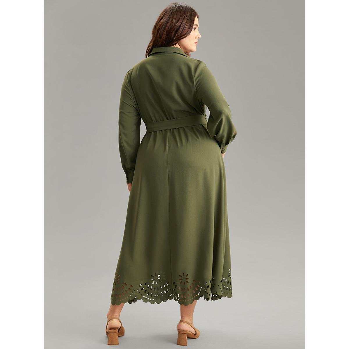 Plus Size Plain Laser Cut Button Through Belted Dress ArmyGreen Women Office Plain Shirt collar Long Sleeve Curvy Midi Dress BloomChic 30/6X Product Image