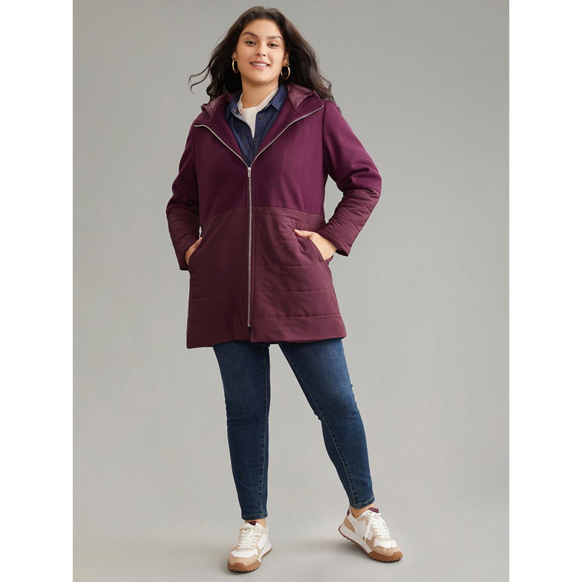Plus Size Plain Patchwork Zipper Padded Hooded Coat Women Burgundy Casual Lined Ladies Dailywear Winter Coats BloomChic 30/6X Product Image