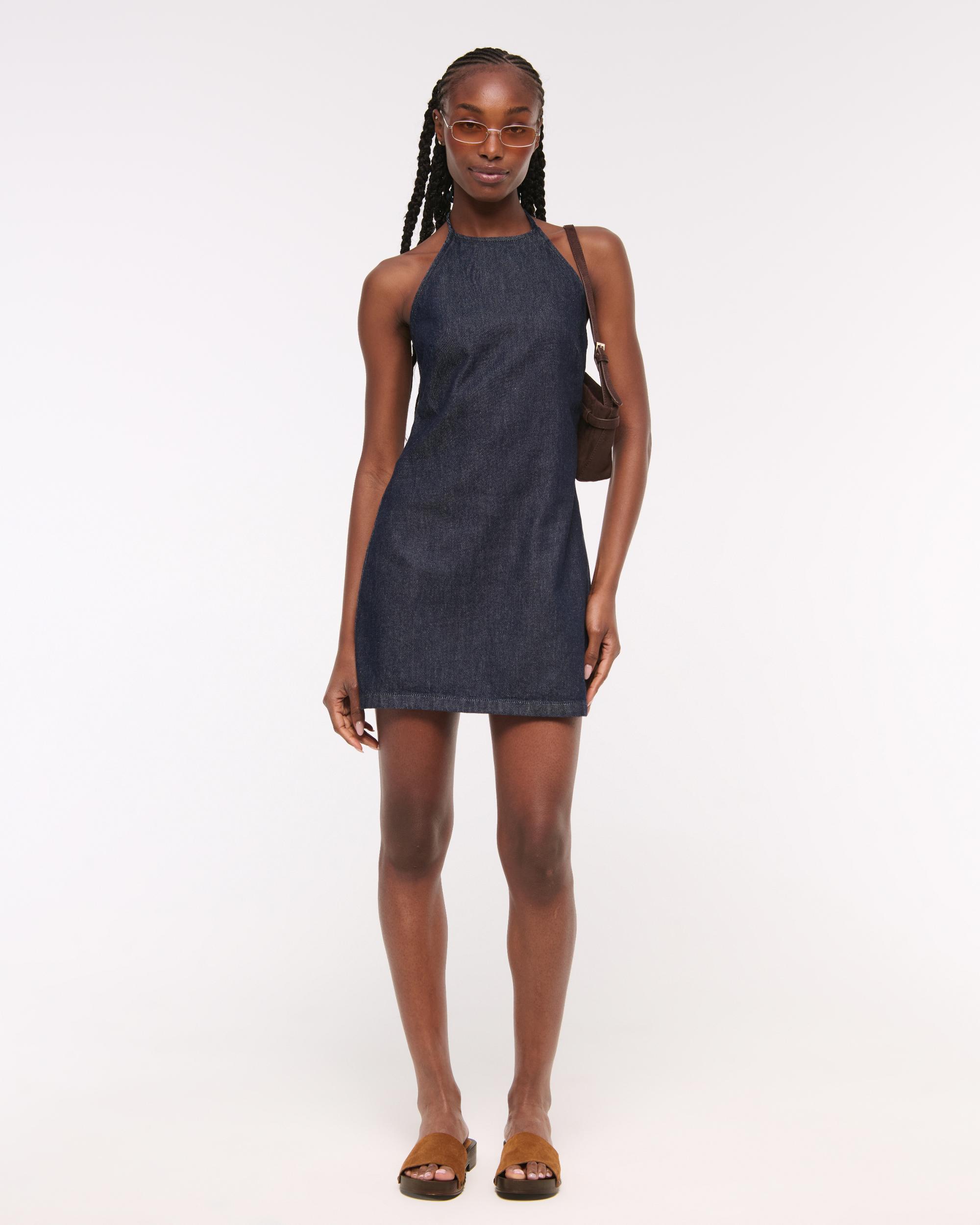 Open-Back Halter Denim Mini Dress Product Image