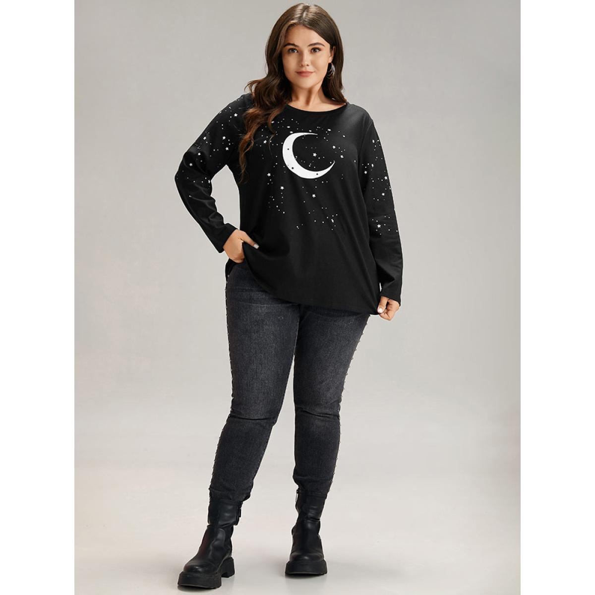 Plus Size Moon & Star Print Contrast T-shirt Black Women Casual Printed Star and moon Dailywear T-shirts BloomChic 14-16/1X Product Image