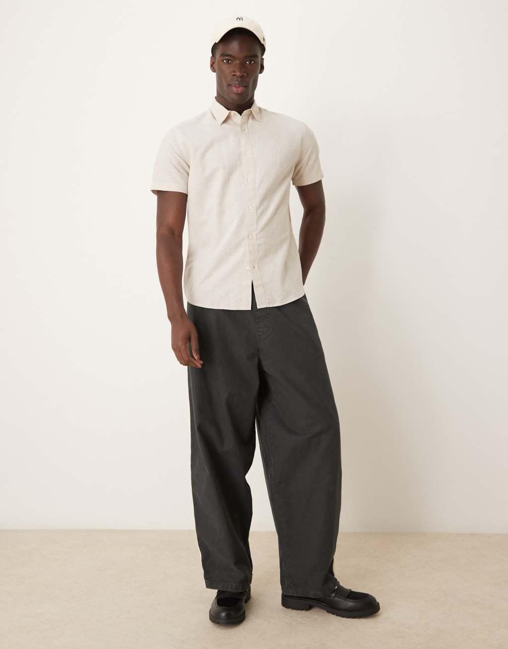 Selected homme linen blend short sleeve shirt in cream Product Image