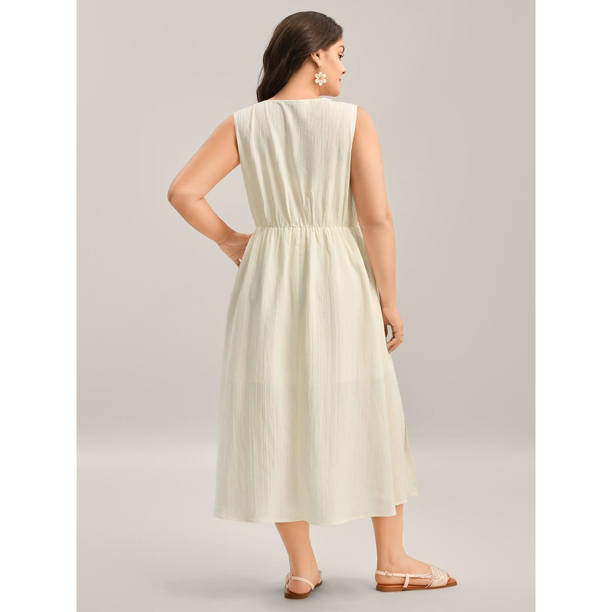 Plus Size Textured Solid Lace Trim Midi Dress Ivory Women V-neck Sleeveless Curvy BloomChic 30/6X Product Image