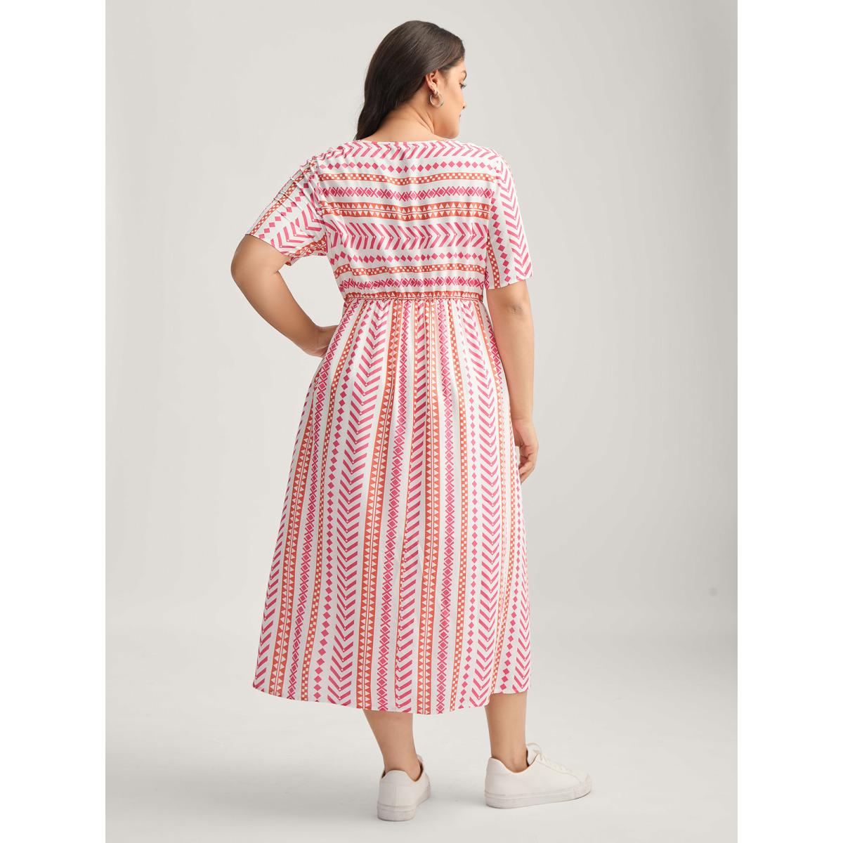 Plus Size Geometric Stripes V-Neck Midi Dress Watermelon Women Non V-neck Short sleeve Curvy BloomChic 28/5X Product Image