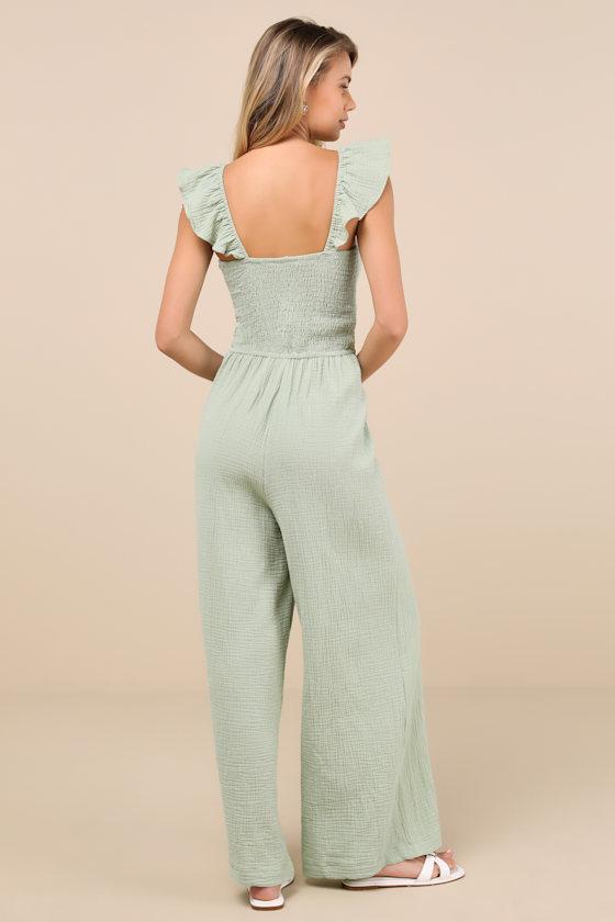 Daniyah Sage Green Smocked Flutter Sleeve Wide-Leg Jumpsuit Product Image