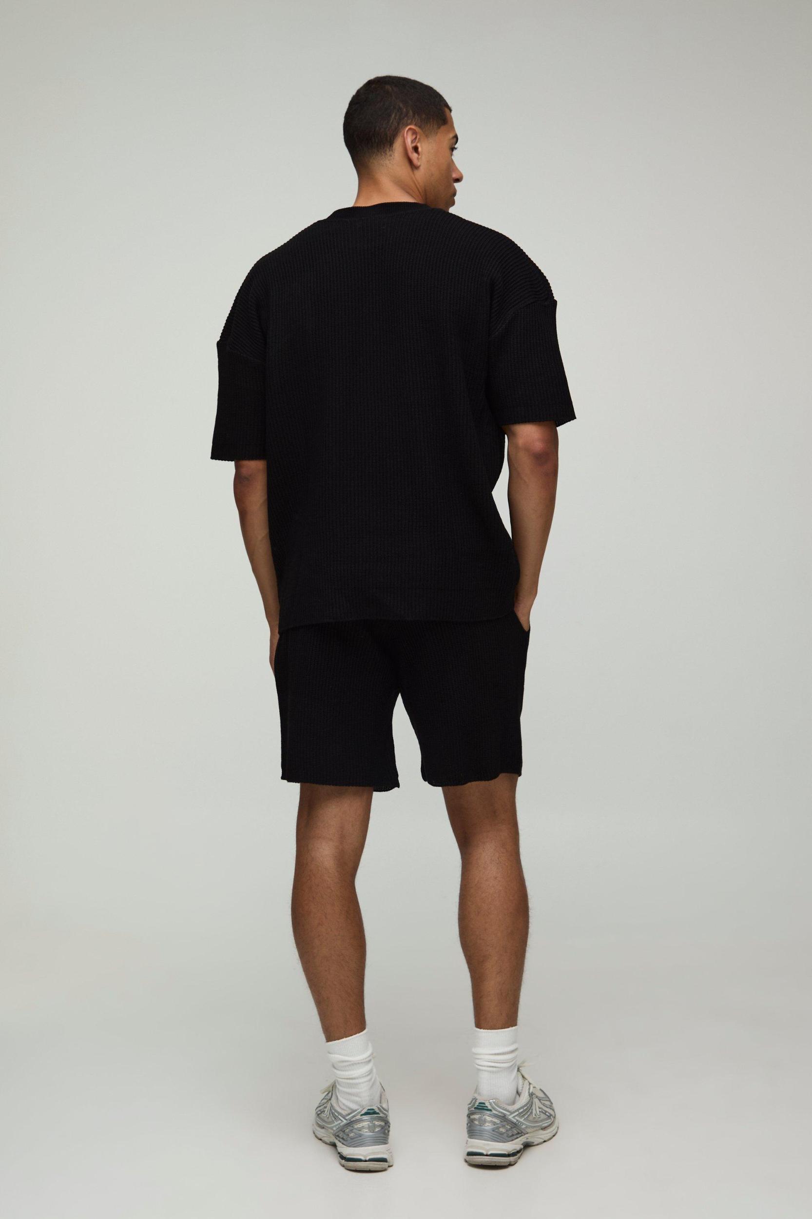 Boxy Fit Ribbed Knitted T-Shirt and Shorts Set | boohooMAN USA Product Image