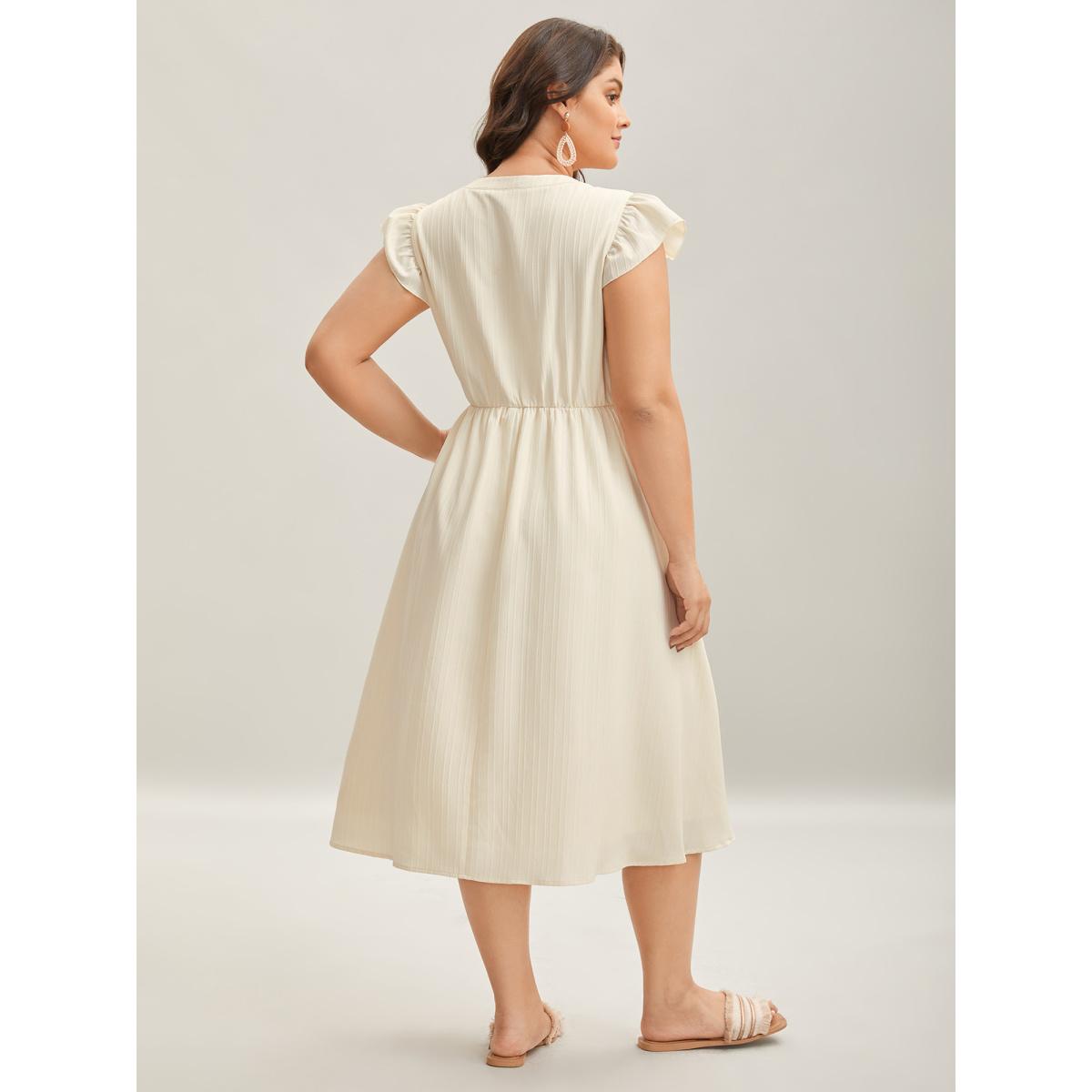 Plus Size Notched Collar Spliced Pockets Midi Dress Beige Women Ruffles Notched collar Cap Sleeve Curvy BloomChic 18-20/2X Product Image